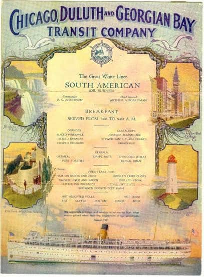 Color Menu from the SS South American - Great Lakes Cruising History