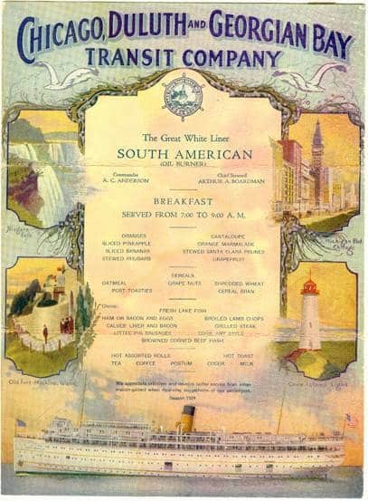 Color Menu from the SS South American - Great Lakes Cruising History