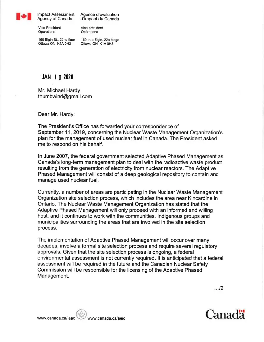 Letter from the Impact Agency of Canada