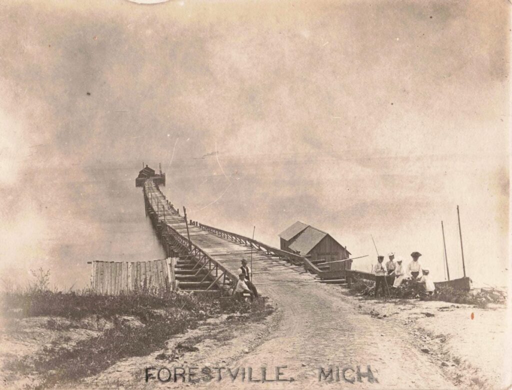 Sepia-toned postcard view of a long wooden dock extending into Lake Huron at Forestville, Michigan, with several people near the shoreline and small dock buildings nearby.