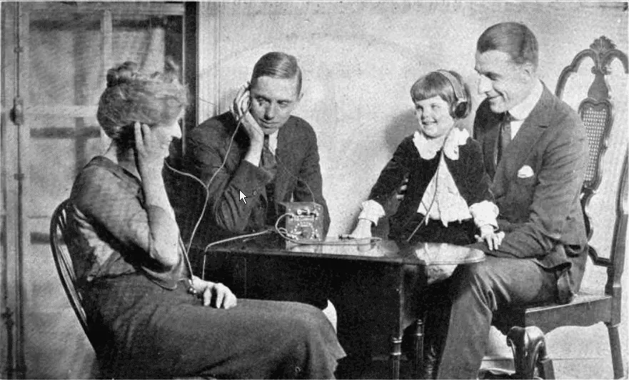 Photo of an American family in the 1920s listening to a crystal radio. WKAR