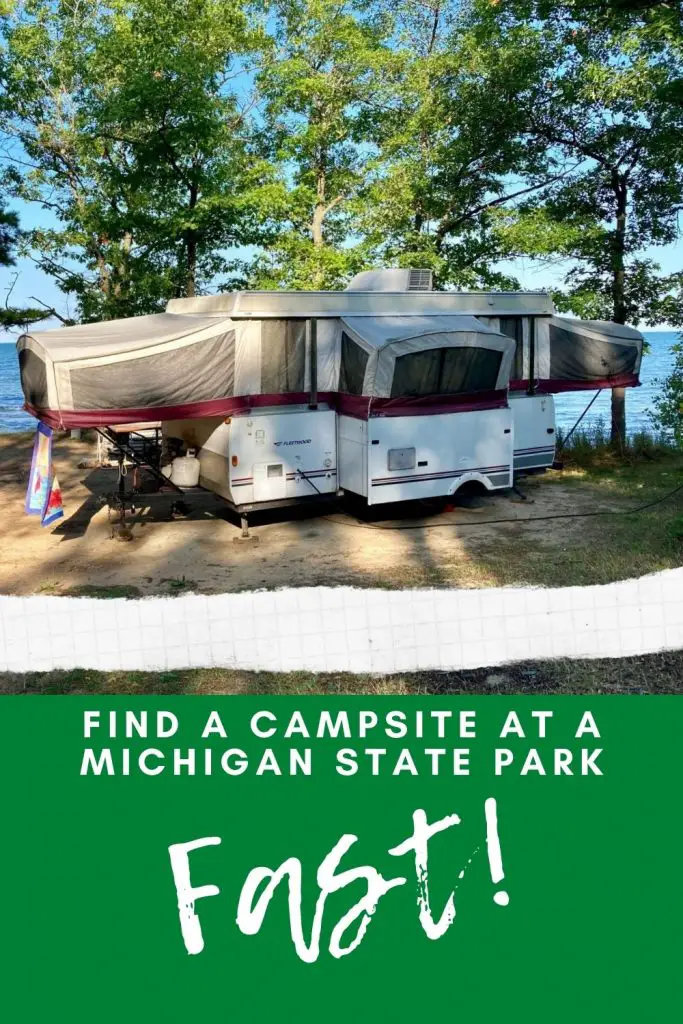 Find a an available campsite at any Michigan State Park online. This on-line service shows what's available RIGHT NOW!  Want to get out for the weekend but don't have a reservation, no problem. This service shows what's open and available. #Michigan #Camping #MIDNR #RV #Glamping