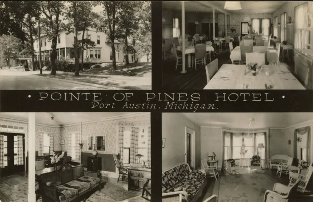 Four views of the Pointe of Pines Hotel in Port Austin, Michigan, showing exterior, dining room, lobby and living room.