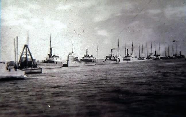 Ships lined up and moored in Harbor Beach harbor c1900