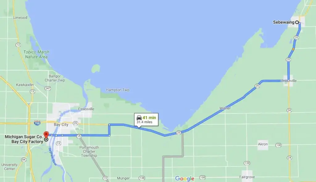 Map to Michigan Sugar Factory Bay City