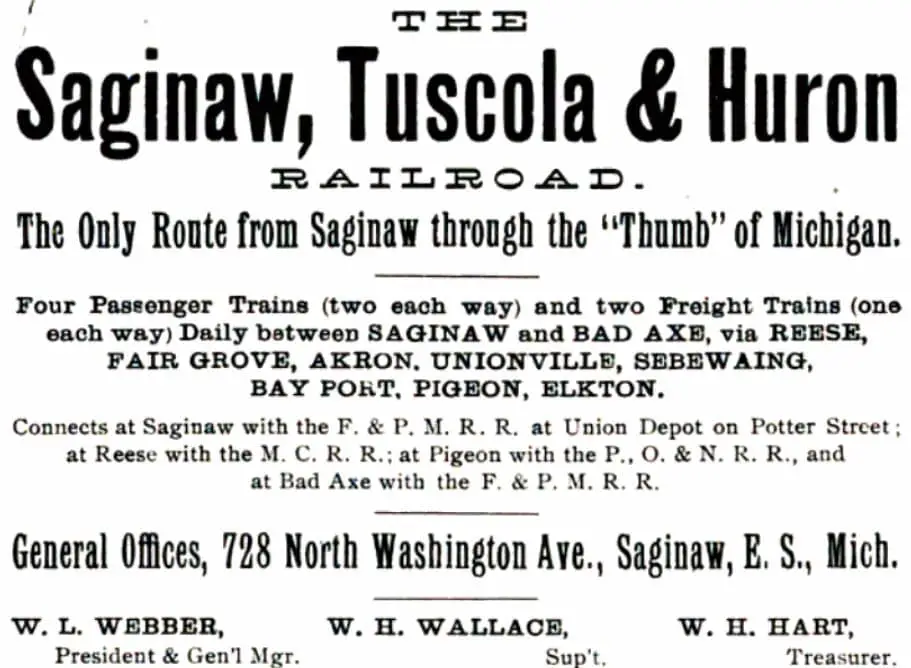 Ad for the e Saginaw, Tuscola, and Huron Railroad