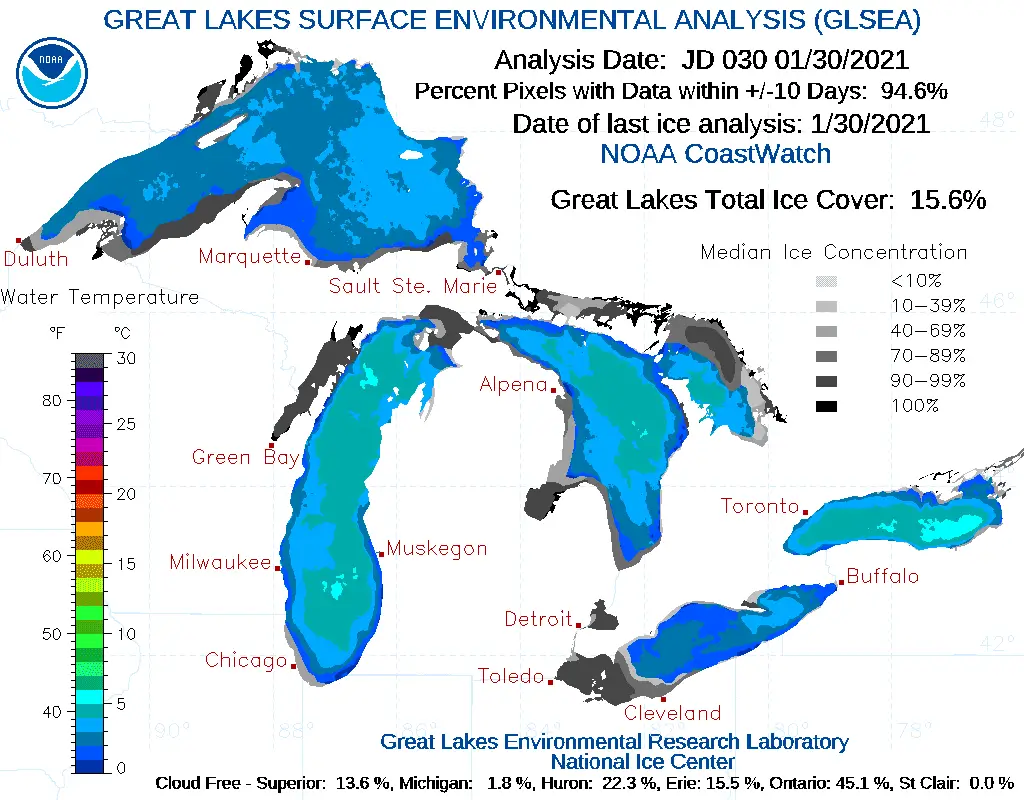 Great Lakes Ice Coverage January 30, 2021 