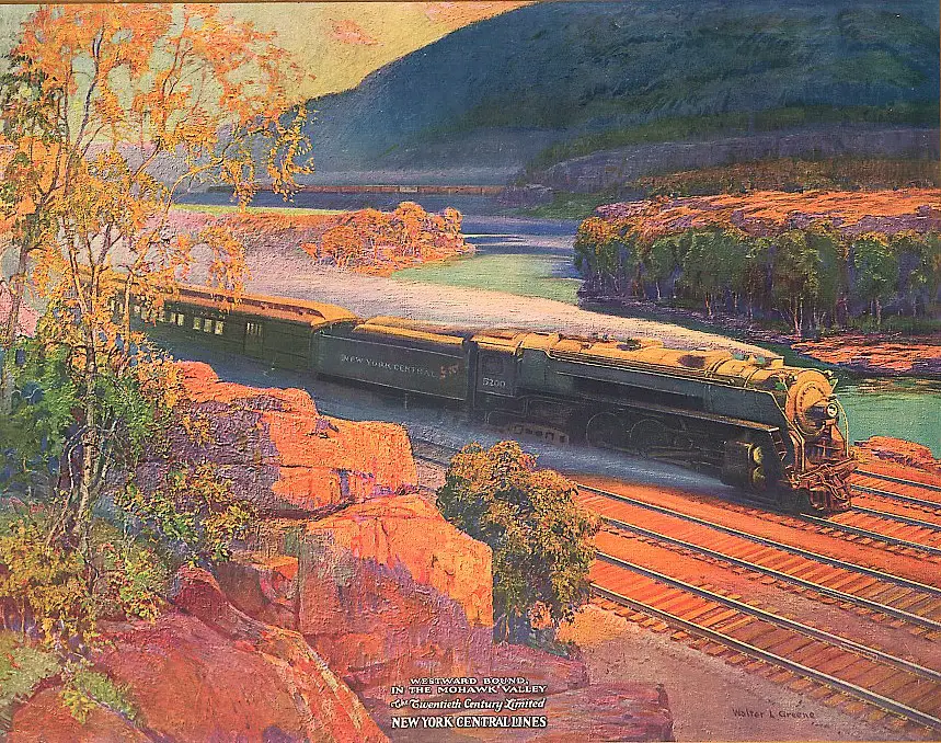 Poster shows steam engine pulling tender and Pullman car on tracks along the a river, probably the Mohawk River