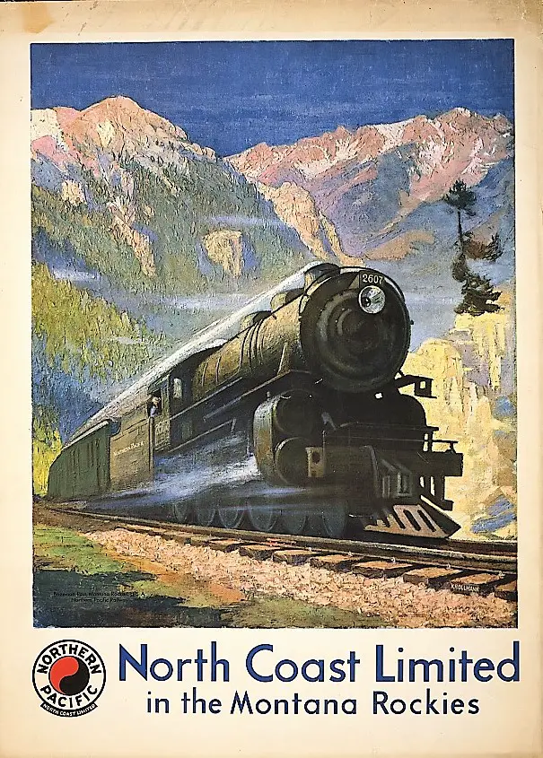Travel poster shows steam engine pulling cars through Bozeman Pass.