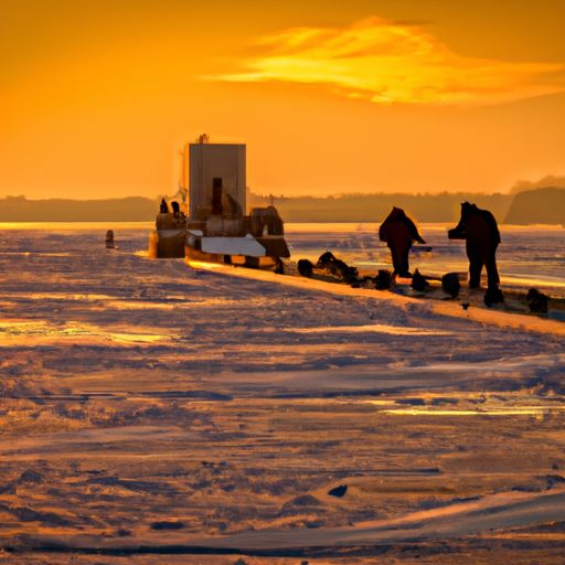 Ice fishermen on the ice with a dock in the background at sunrise in the style of Edward Godwin - Caseville Shanty Days 2015