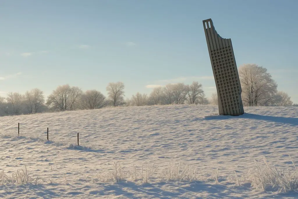 a concrete structure in a snowy field