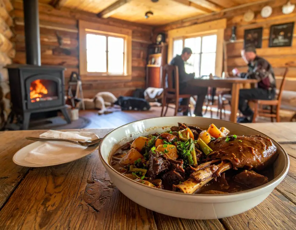 Delicious venison stew on rustic table.