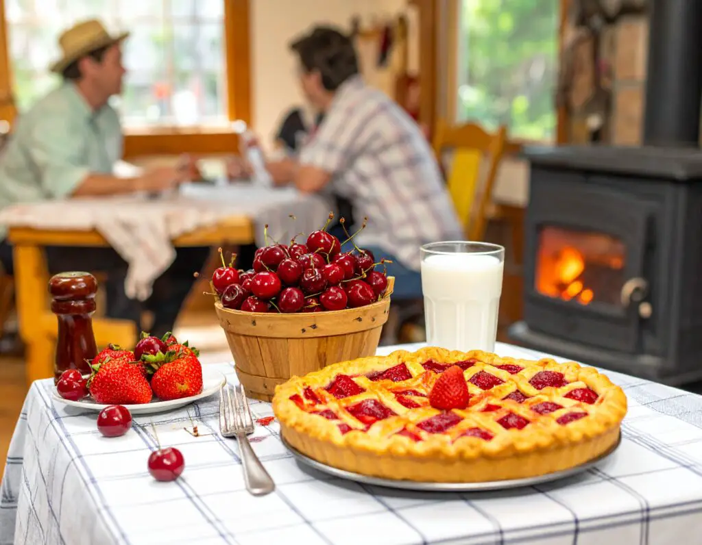 Cherry pie with fresh cherries and milk.