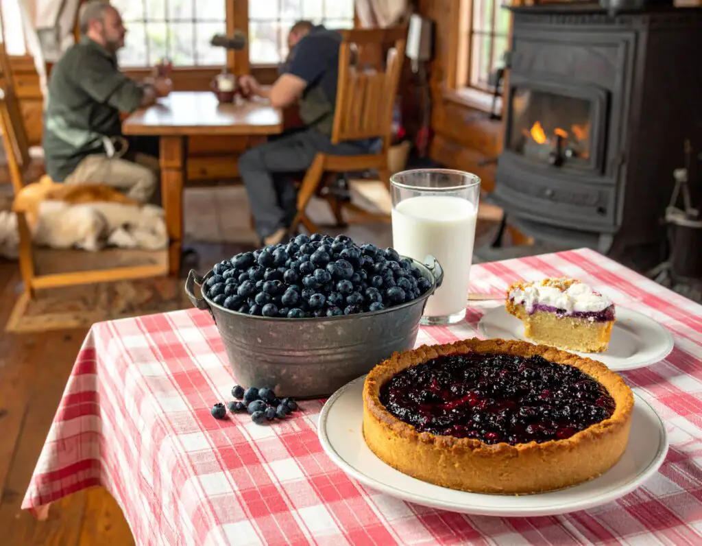 Blueberries and dessert on a table.