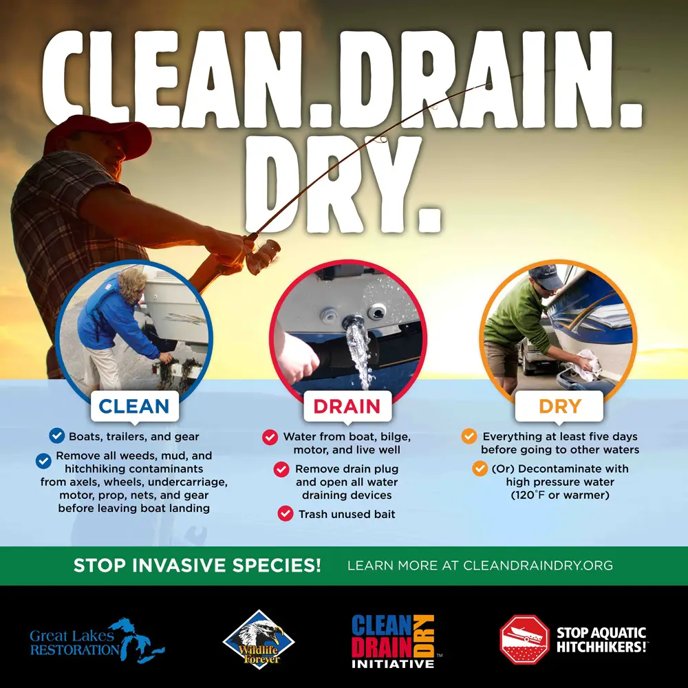 Boaters and anglers can help prevent the spread of invasive species by cleaning, draining and drying boats and gear before transporting to a new location. Infographic courtesy of "Stop Aquatic Hitchhikers."