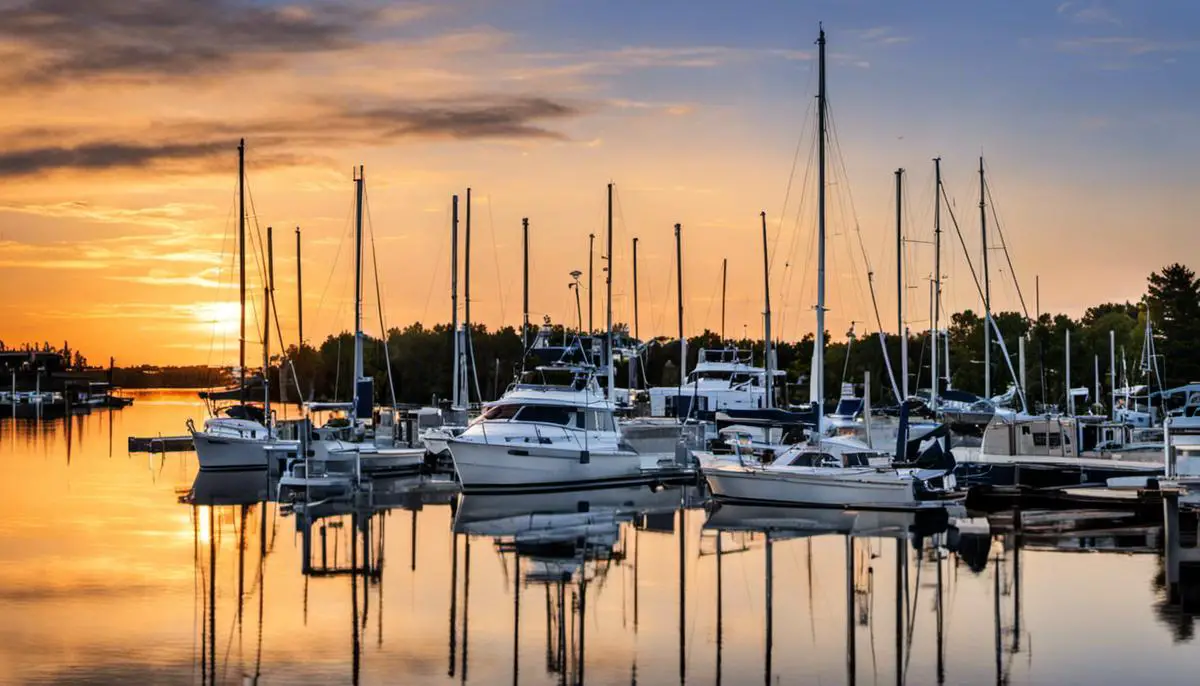 A serene image of Manistique Marina and Harbor, showcasing the picturesque lake and the beautiful surrounding landscapes.