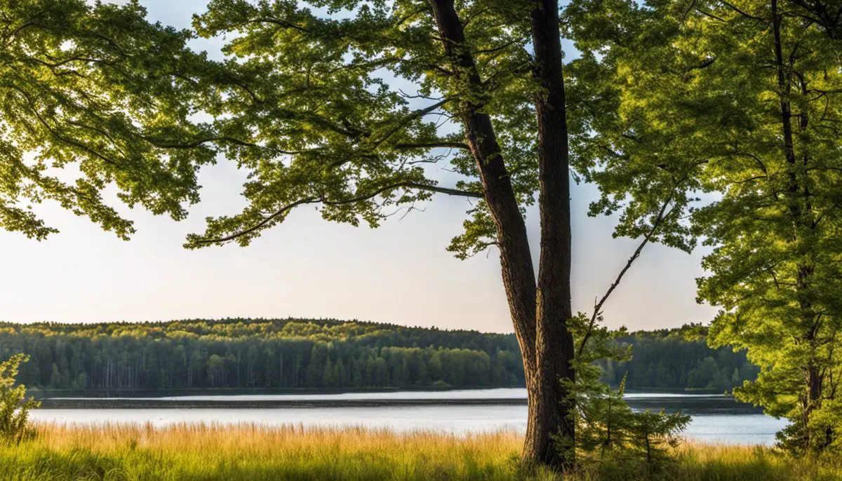 A breathtaking view of the natural beauty of Manistique with lush forests, a river, and the stunning coastline.