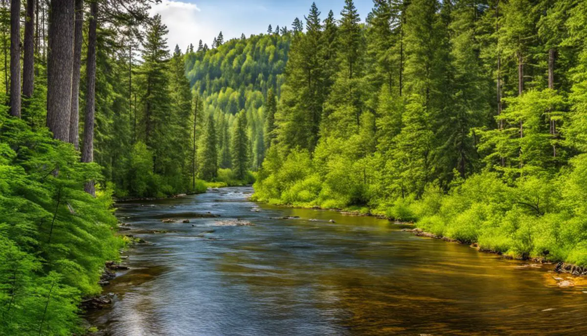 Beautiful scenery of Hiawatha National Forest surrounded by tall trees and a tranquil river.