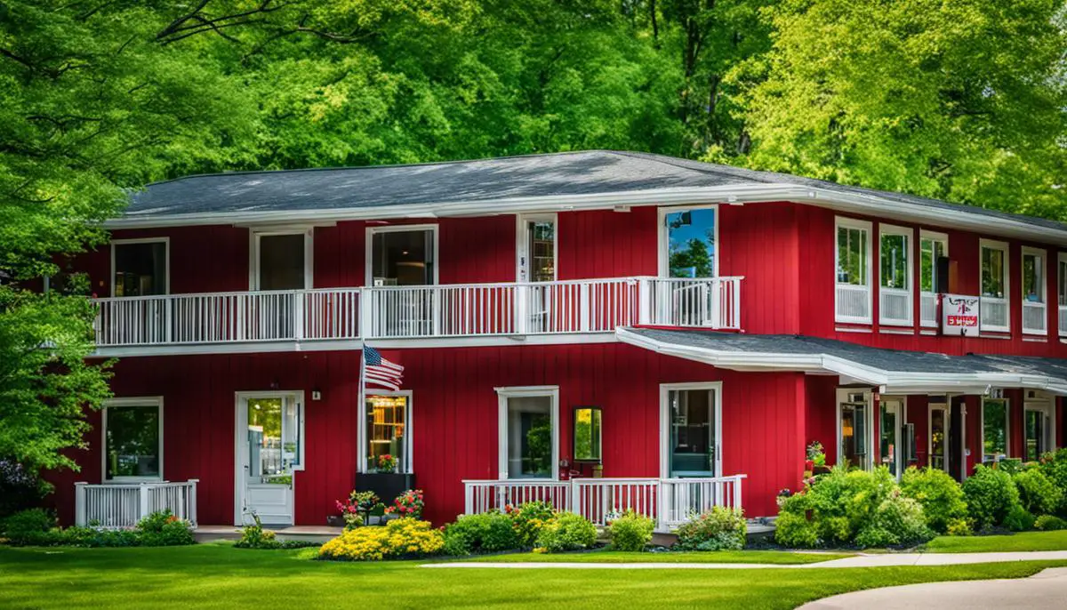 A vibrant image showcasing the exterior of a budget-friendly hotel in Sawyer, Michigan, surrounded by lush greenery
