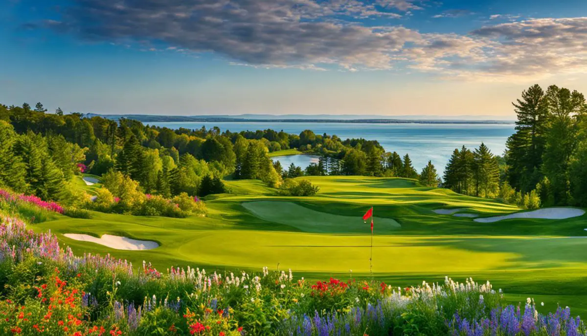 A scenic view of Mackinac Island's golf course with lush green fairways, blue waters of Lake Huron, and vibrant wildflowers.