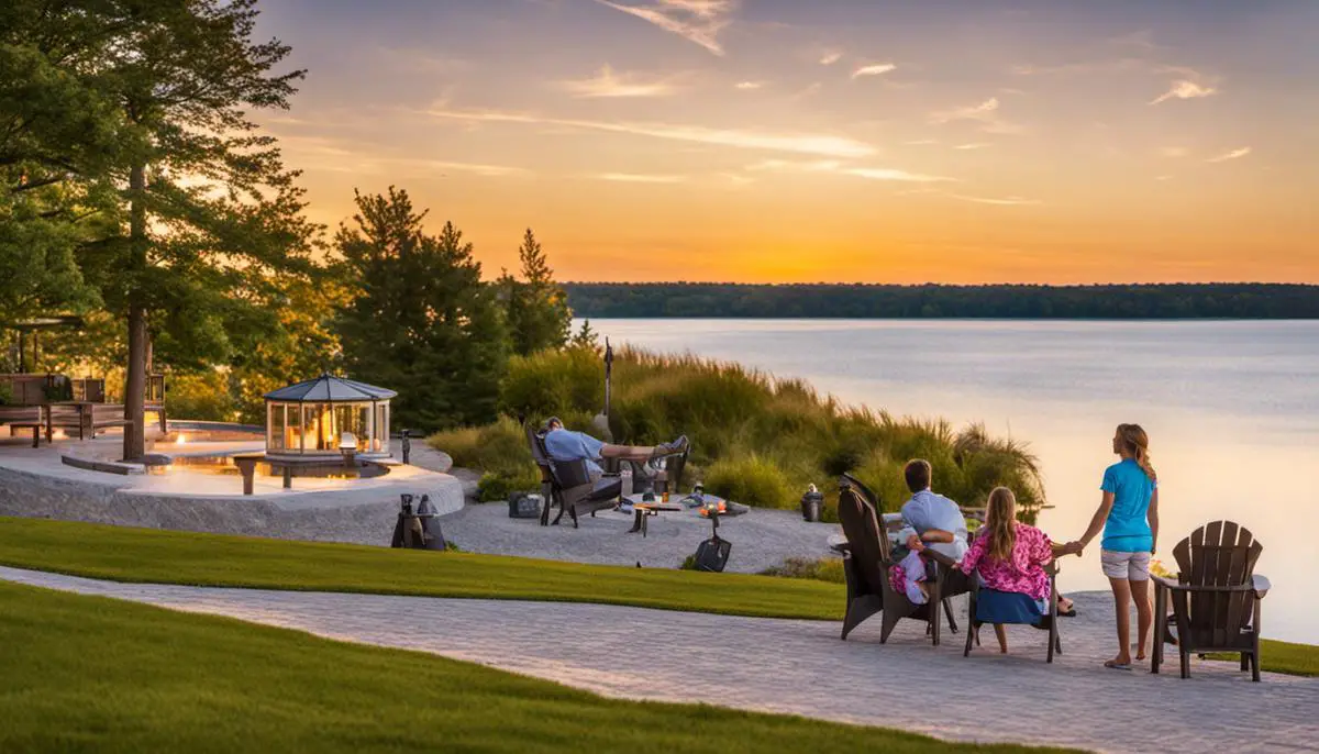 A family enjoying their time at Mission Point Resort with a beautiful view of Lake Huron in the background - Family Hotels On Mackinac Island