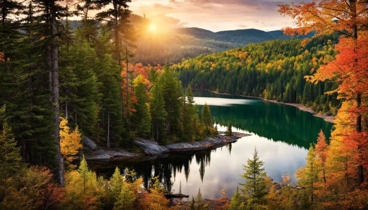 A picturesque view of Hiawatha National Forest, with dense forests and a glistening lake surrounded by mountains.