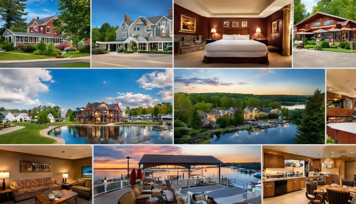 A collage of various hotels in Sawyer, Michigan, showcasing their architecture, amenities, and beautiful surroundings.