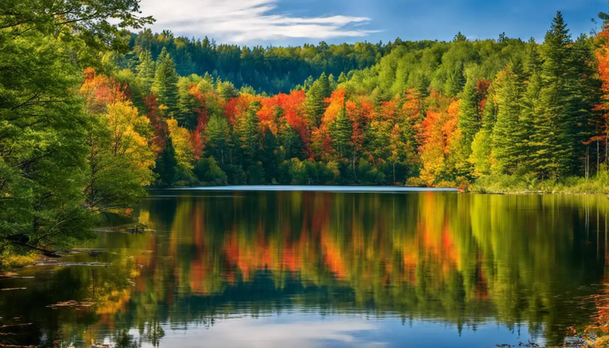 A scenic view of Hiawatha National Forest with dense trees and a peaceful lake.