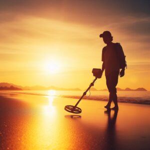 Beach metal detecting in Michigan with a metal detector in hand.