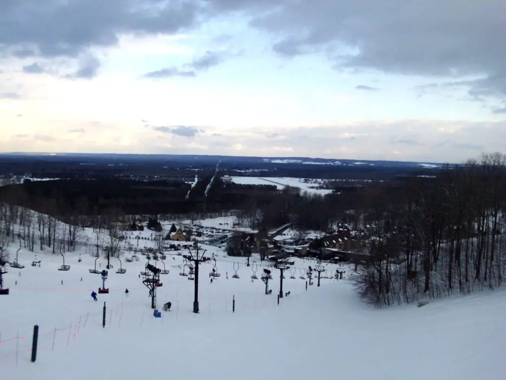 View of Cheers Chair lift and trails at Crystal Mountain resort 