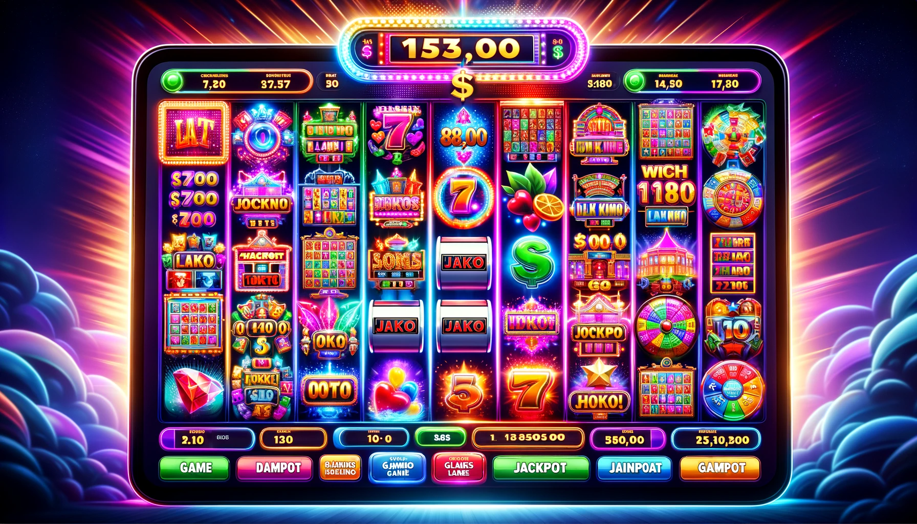 Photo of a vibrant online casino screen displaying an array of slot machine icons, with flashy graphics and bright colors. There are jackpot numbers ticking upwards, and various game options are available for selection.