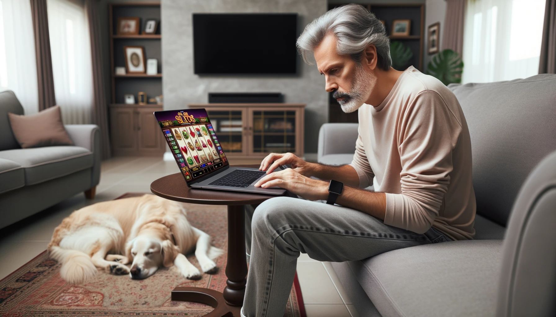 Photo of a middle-aged man with grayish hair, deeply engrossed in playing online slots on his laptop. He's seated in a family room with a large mounted TV on the wall. Beside him, a golden retriever snoozes peacefully on the floor.