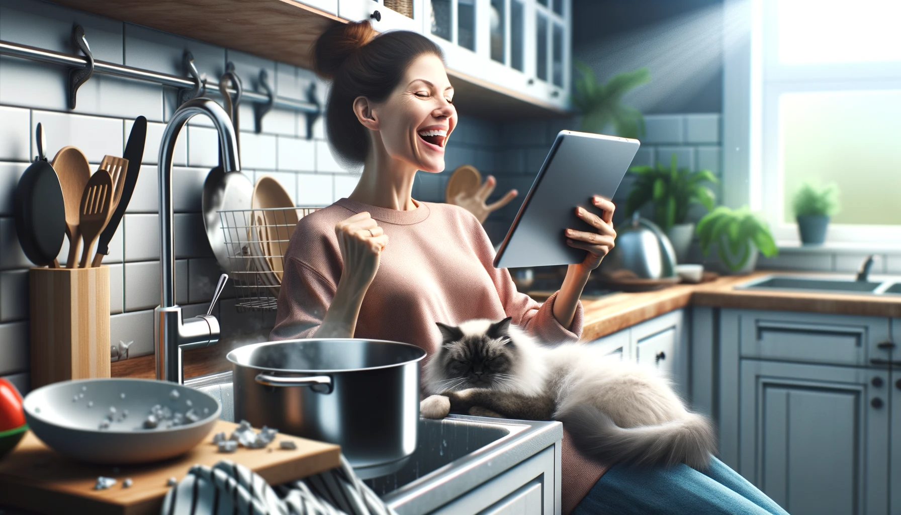 Realistic image of a kitchen setting. A woman, radiating happiness from her recent game win, plays on her iPad with a cat curled up in her lap. The kitchen ambiance contrasts her joy, with neglected dishes in the sink and a pot emitting steam, indicating it's about to boil over.