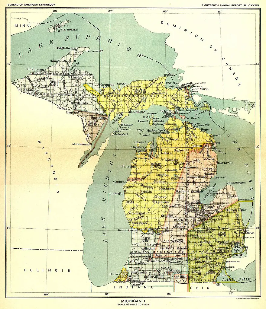 19th century map, produced by the Smithsonian Institution, depicts the major Native American land cessions that resulted in what is now Michigan.