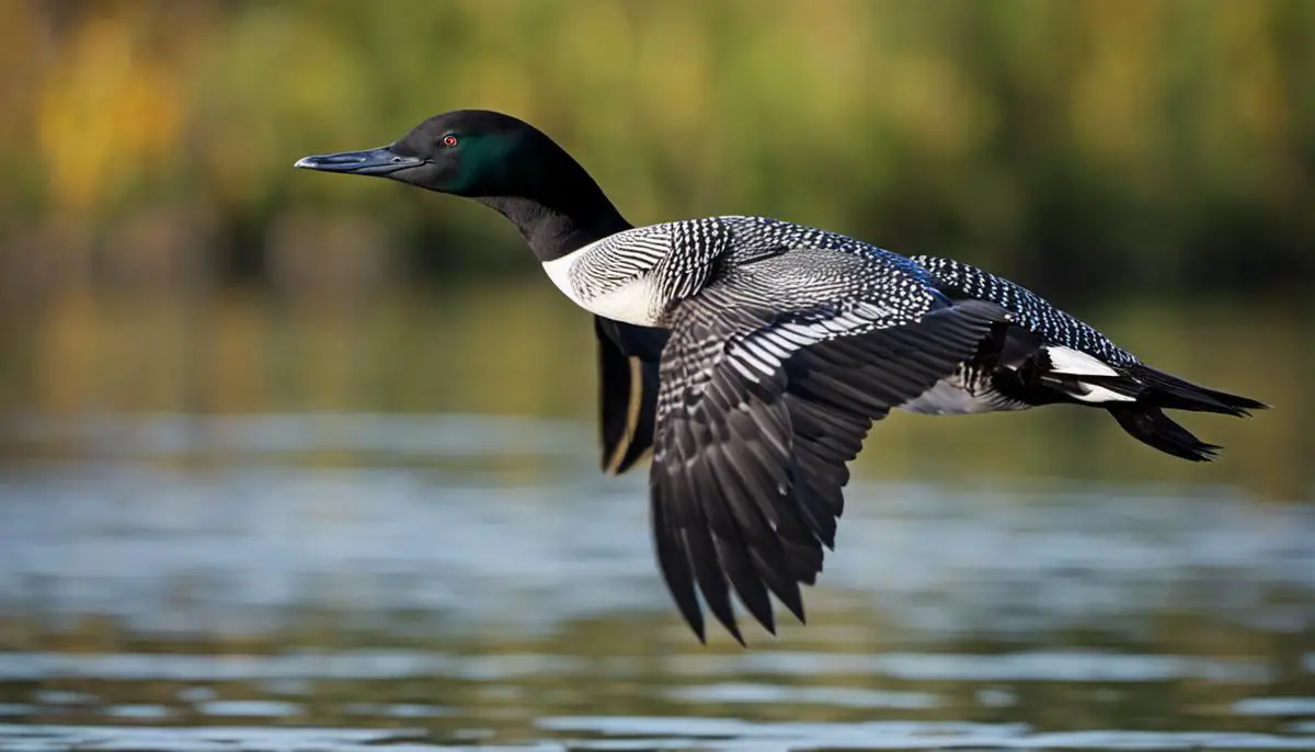 A photograph of a Great Lakes Loon in flight, with its wings fully stretched and vibrant feathers visible.