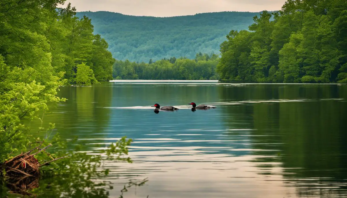 A beautiful image showing Great Lakes Loons in their ecosystem, swimming on a calm lake surrounded by lush green trees and mountains.