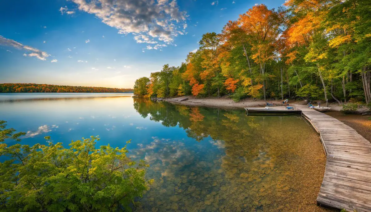 A breathtaking view of Gun Lake, Michigan with sparkling blue waters surrounded by lush green trees and a sandy shoreline.