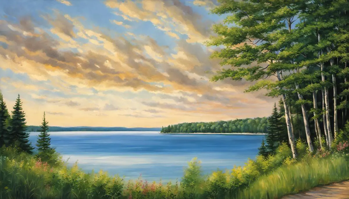A picturesque view of Bear Lake, Michigan, with crystal clear waters and lush green surroundings.