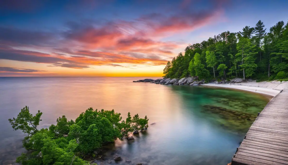 A picturesque view of Bear Lake Michigan, with sparkling blue waters surrounded by lush greenery and sandy beaches