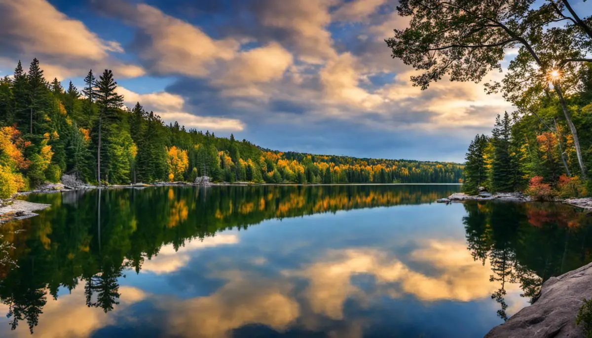 A serene blue lake reflecting the surrounding nature and picturesque landscape of Bear Lake Michigan
