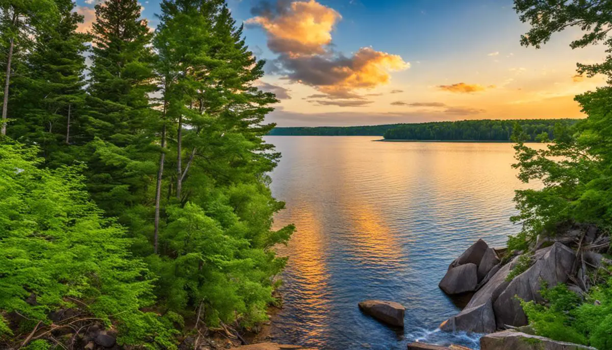 A breathtaking view of Bear Lake, Michigan surrounded by lush green forests and clear blue skies