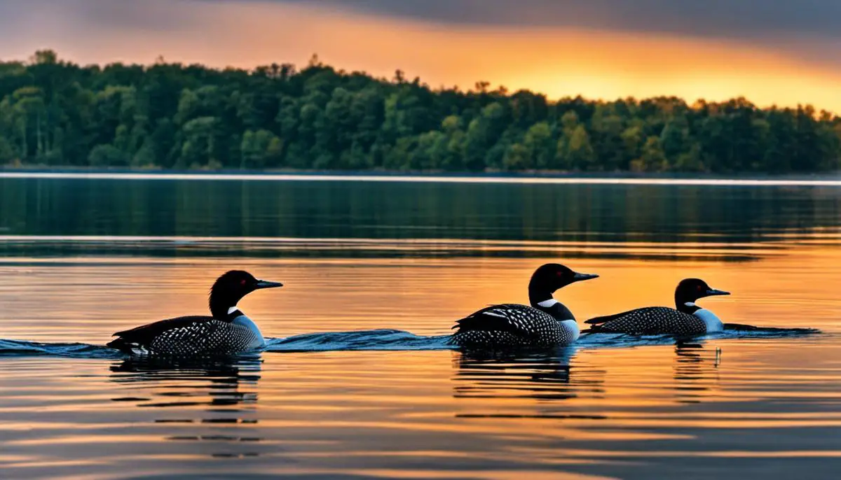 A picture of Great Lakes loons swimming in a pristine lake.
