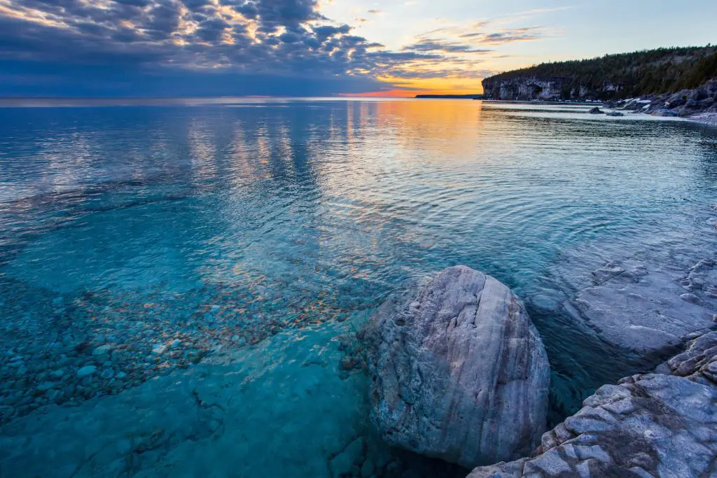 Sunrise as seen from the shore of the Stormhaven campground, in Bruce Peninsula National Park