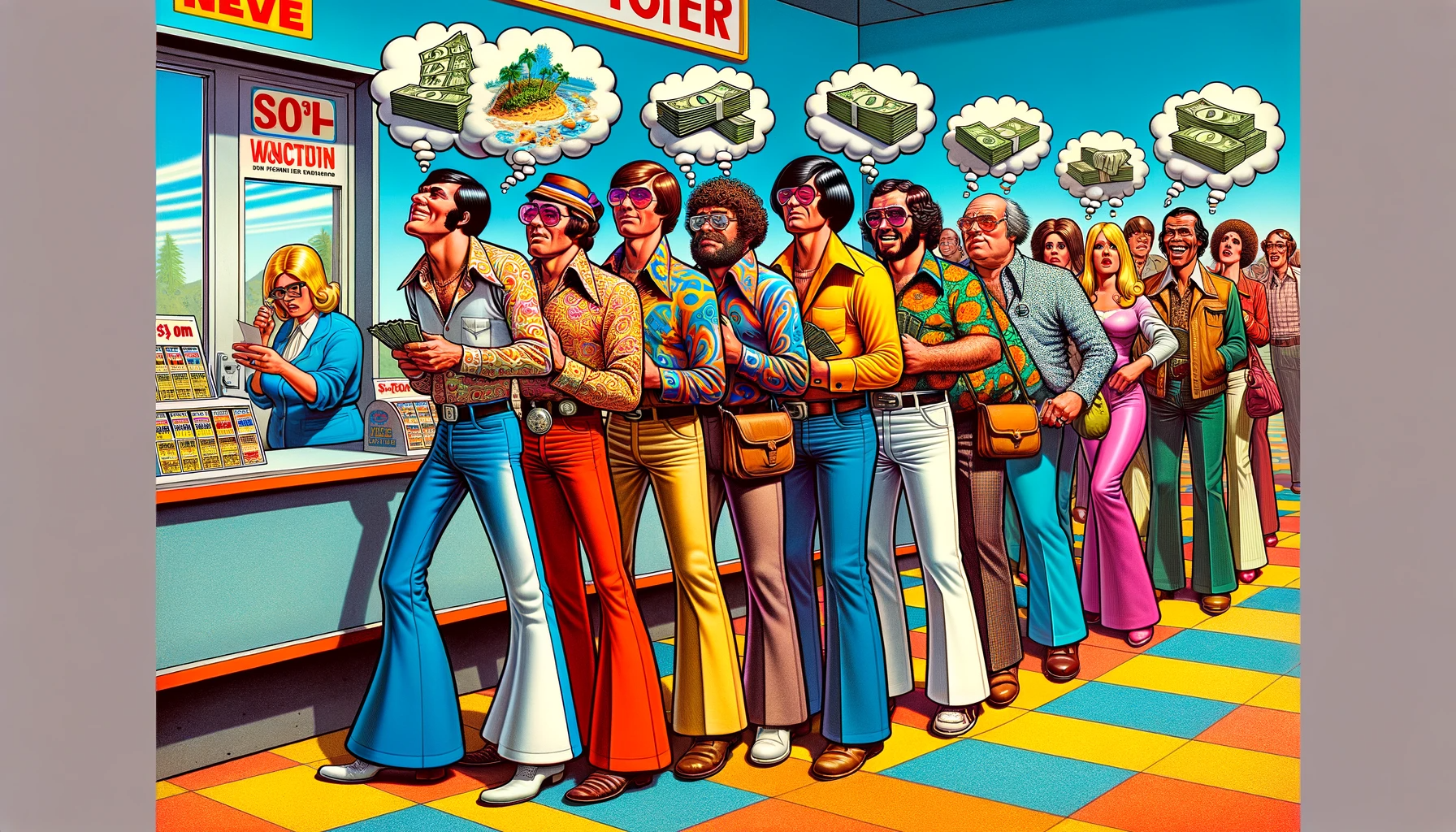 DALL·E 2023 11 07 14.53.13 Depict a humorous and vibrant 1972 scene at a store where patrons are queuing up to buy lottery tickets. The focal point is a man with friends all sp
