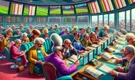 DALL·E 2023 11 07 15.01.27 Create an image of a lively indoor betting area with a humorous twist. The patrons are caricature like figures with exaggerated expressions seated at