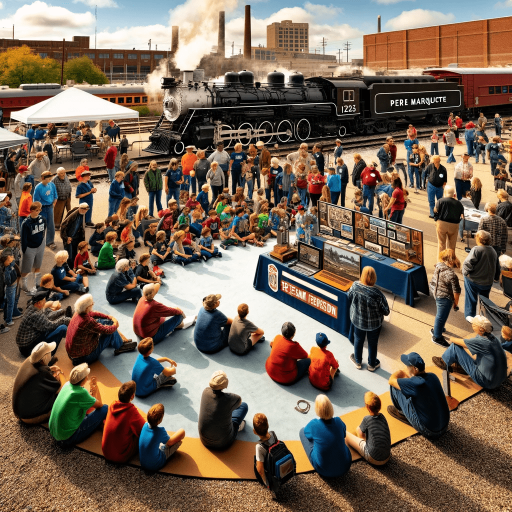 An image depicting a vibrant and engaging educational event centered around the 1225 Pere Marquette, with families, students, and rail enthusiasts participating. 