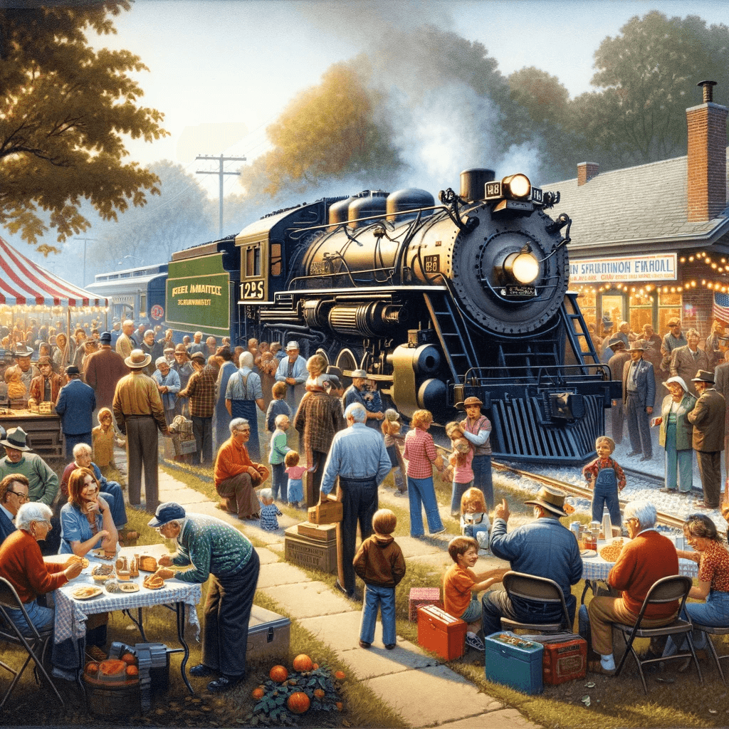 : Illustration of a community gathering around the 1225 Pere Marquette for a special event, showcasing a festive atmosphere and shared appreciation. 