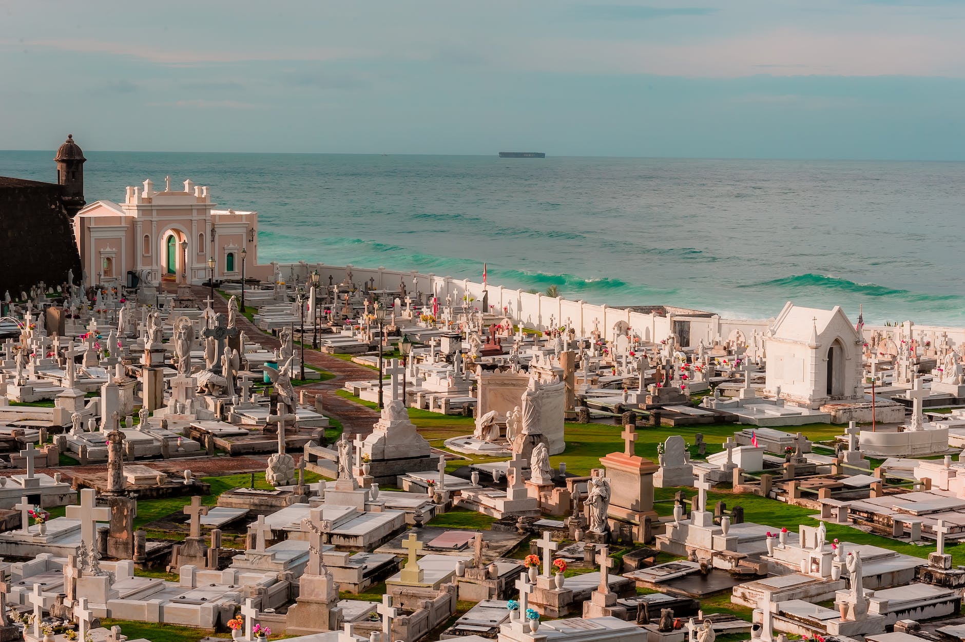 aerial photography of a cemetery near the sea