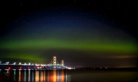 the mackinac bridge under the northern lights