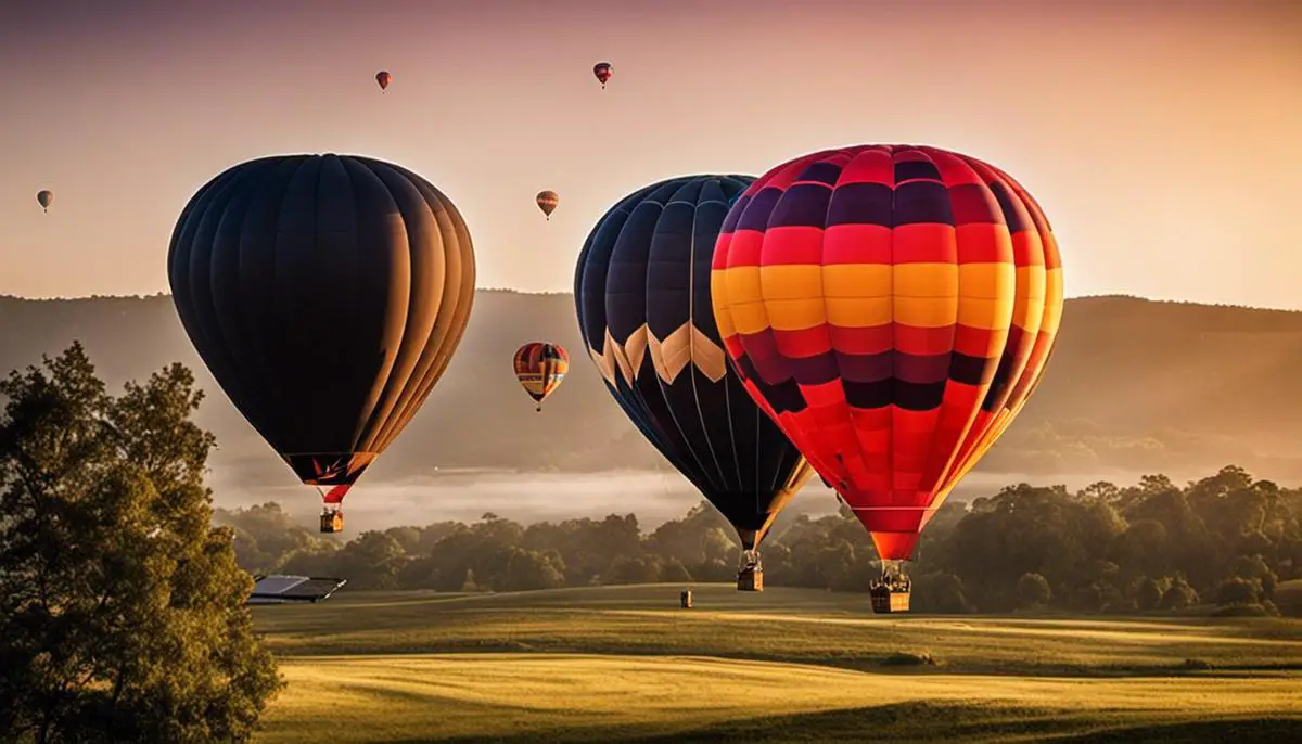 Three hot air balloons floating in the sky at a festival